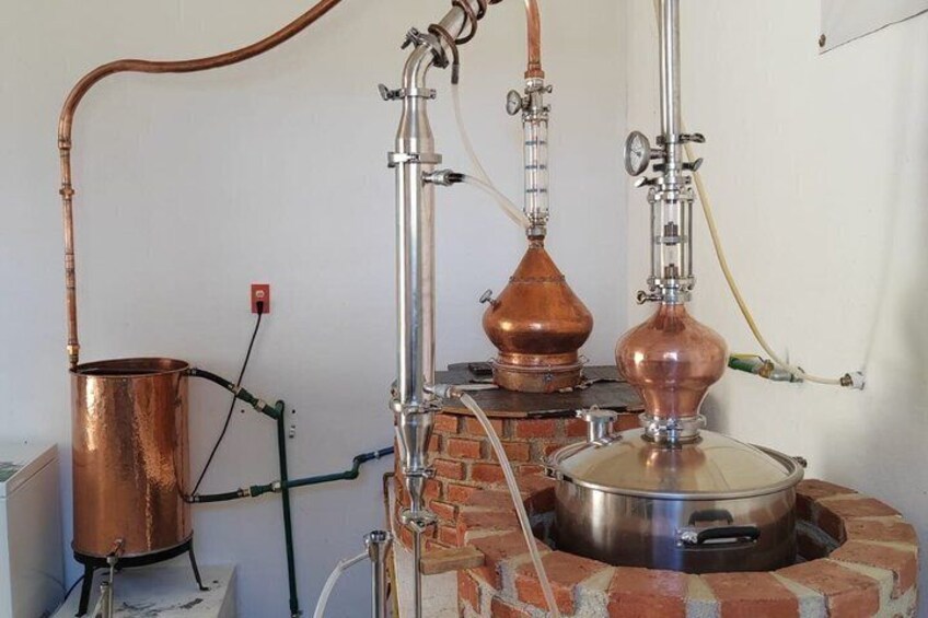 A distillation apparatus with copper stills and a glass container. 1