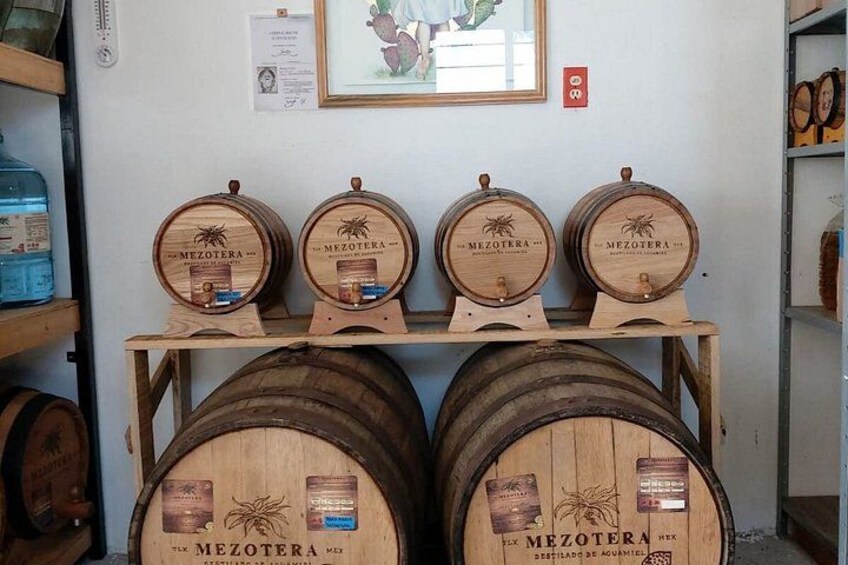 Wooden barrels labeled 'MEZOTERA' on a shelf, with a framed picture and a certificate on the wall behind. 2