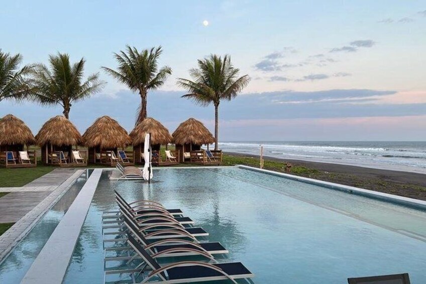 A pool with lounge chairs, palm trees, and a beach in the background. 1