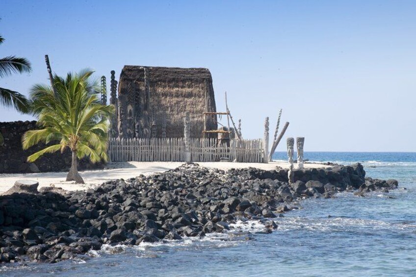 A coastal structure with a thatched roof, palm trees, and rocky shoreline. 2