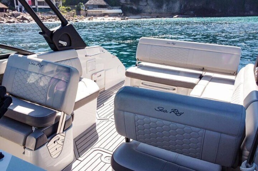 A boat's interior with 'Sea Ray' branding on the seats and a rocky shoreline in the background. 5