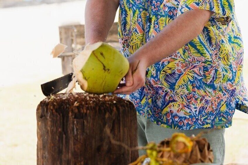 A person cutting a coconut on a wooden stump. 3