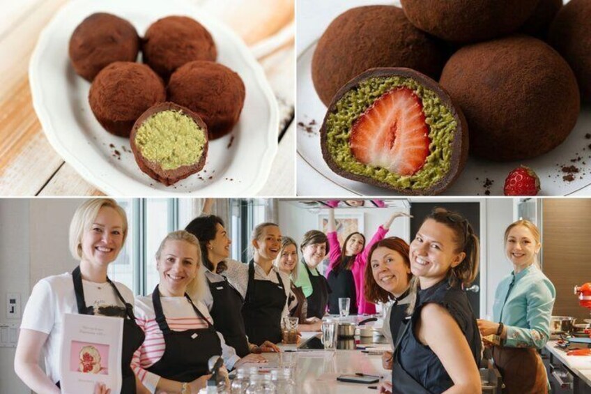 A group of people in a kitchen setting, some wearing aprons, with a plate of chocolate truffles and a strawberry truffle on display. 1