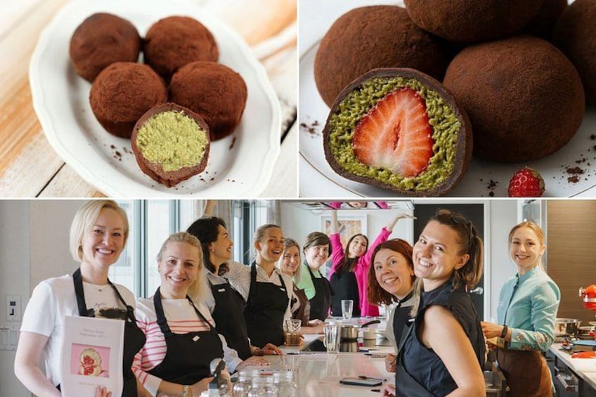 A group of people in a kitchen setting, some wearing aprons, with a plate of chocolate truffles and a strawberry inside one of them. 1