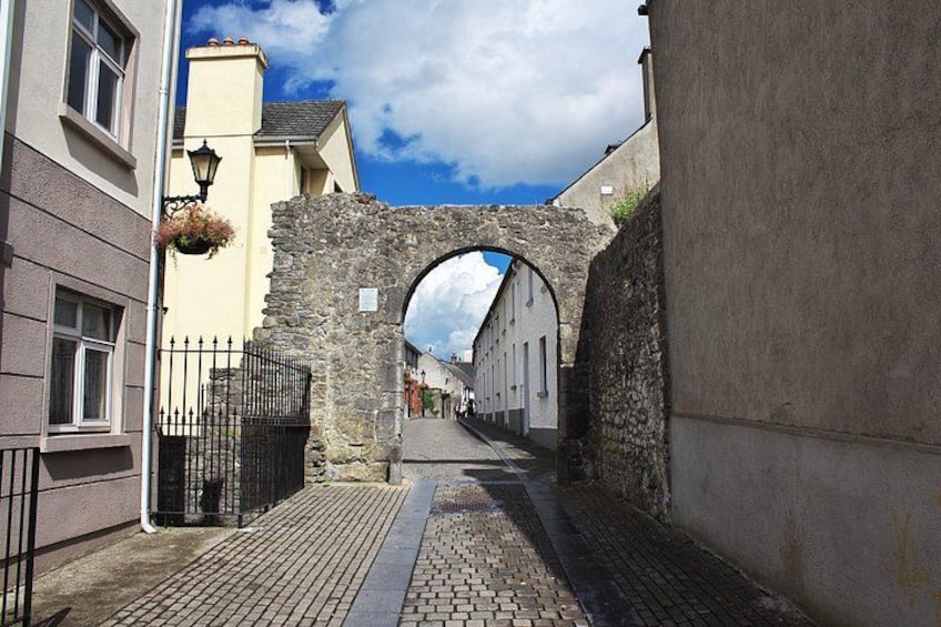 A cobblestone street, a stone archway, and buildings on either side. 4