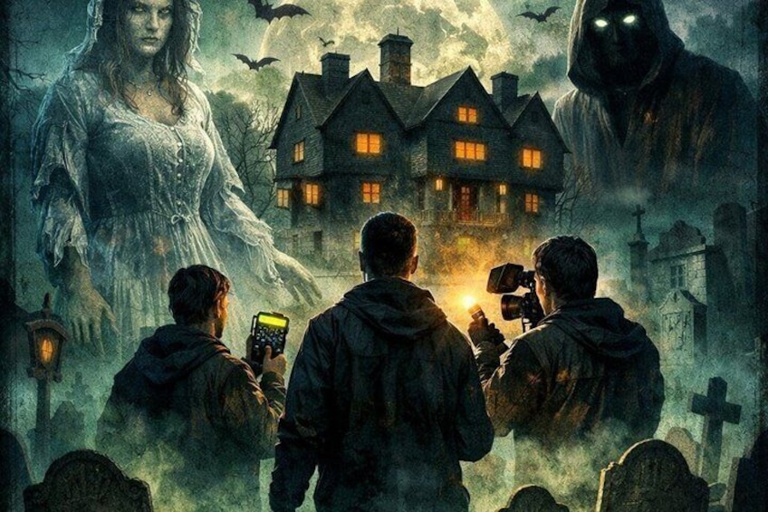 A haunted house, graveyard, and ghostly figures. 1
