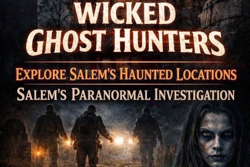 A poster titled 'WICKED GHOST HUNTERS' with a group of figures in dark clothing, one holding a flashlight, standing in a dimly lit, eerie setting. 5
