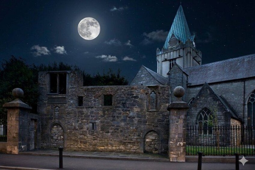 A historic stone building with a church tower, under a full moon. 2
