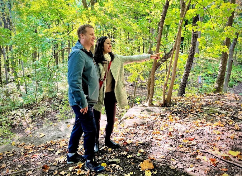 Two people in a forest with green foliage and fallen leaves on the ground. 5