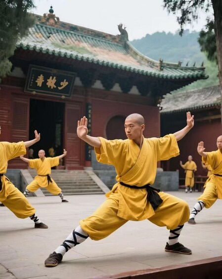 A martial arts training session in front of a traditional building with a green roof. 2