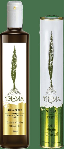 Two containers of THEMA Extra Virgin Olive Oil, one in a bottle and one in a can, both with a green olive leaf design. 4
