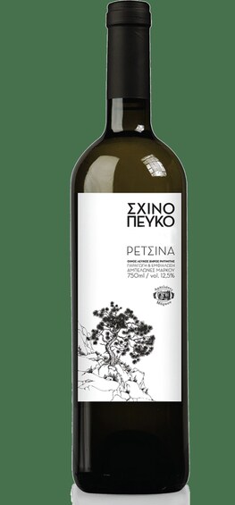 A bottle of Greek wine with a label featuring a tree illustration. 1