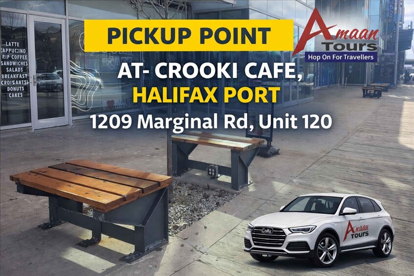 A pickup point at Crooki Cafe in Halifax Port, with a white Audi car and a wooden bench. 4