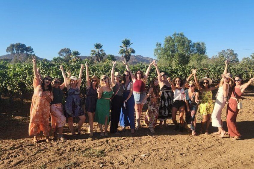 A group of people in a vineyard with raised hands, palm trees, and a clear sky in the background. 4