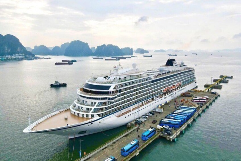 A large cruise ship docked at a port with multiple decks and a pier extending into the water. 1