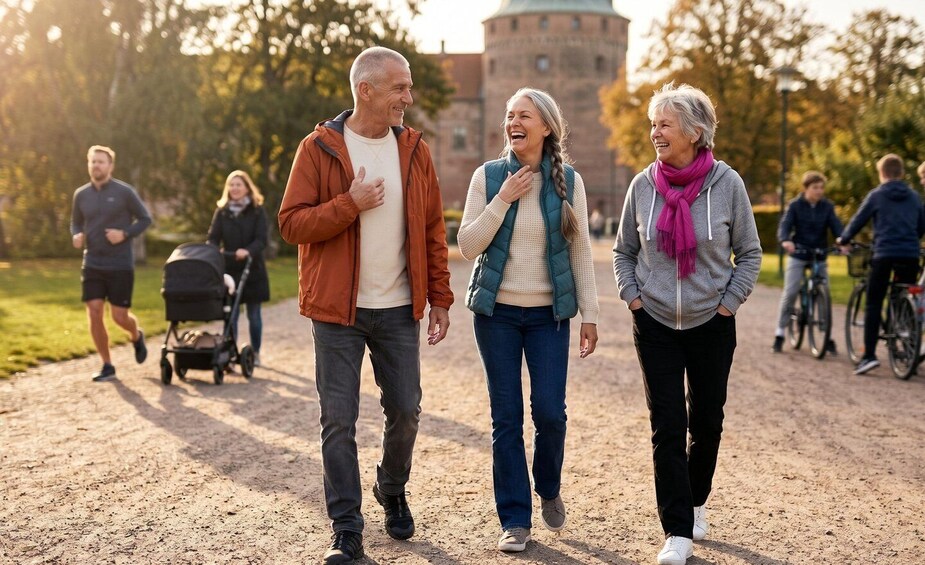 A group of people walking on a dirt path in a park with a historic building in the background. 1