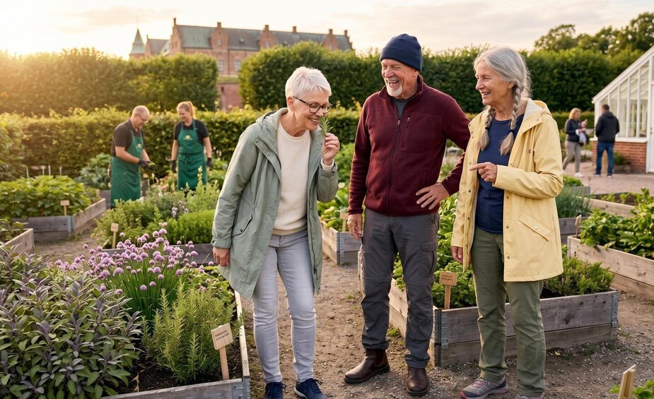 A garden with raised beds, various plants, and a building in the background. 2
