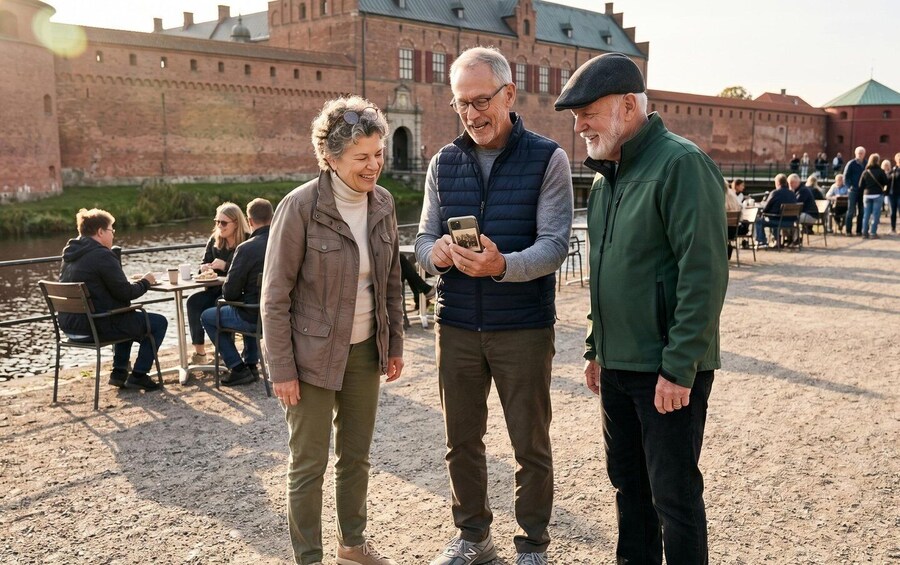 Three people standing outdoors near a historic building with a river in the background. 4