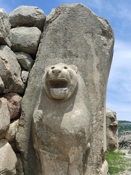A stone lion sculpture with a detailed mane and facial features, set against a backdrop of large rocks and a clear sky. 2