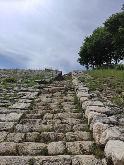 A stone staircase leading uphill with grass and trees around. 3