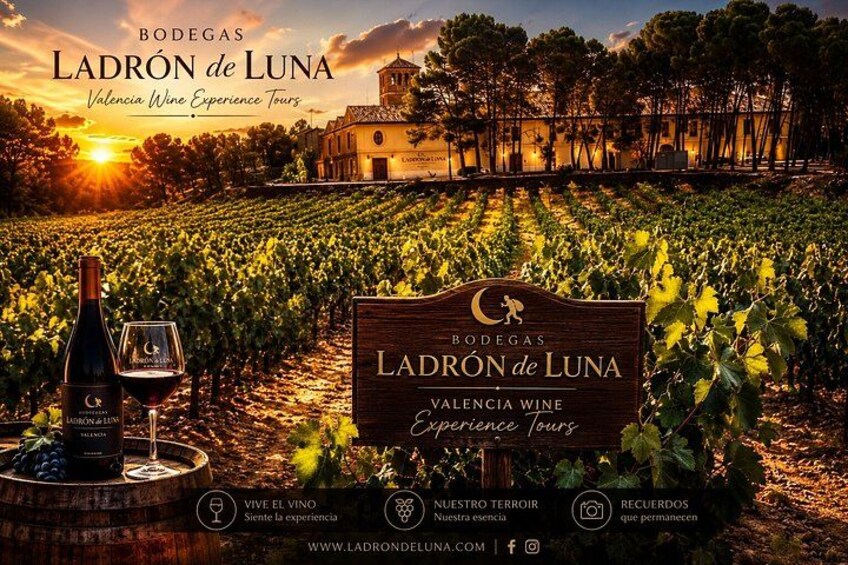A vineyard with a wine bottle and glass, a sign for Ladron de Luna, and a building in the background. 2