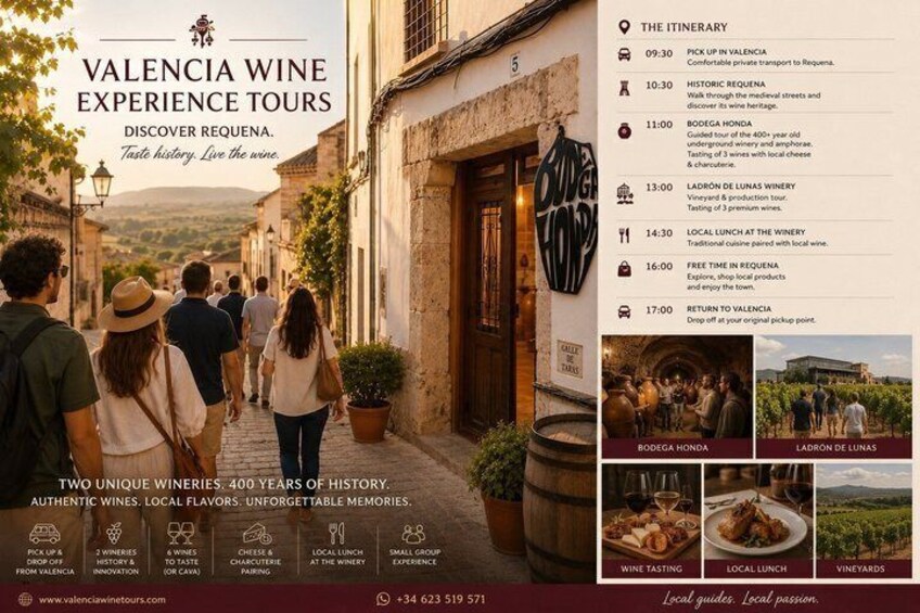 A wine tour itinerary in Valencia, including visits to Bodega Honda and Ladron de Lunias winery, with local lunch and wine tasting. 1