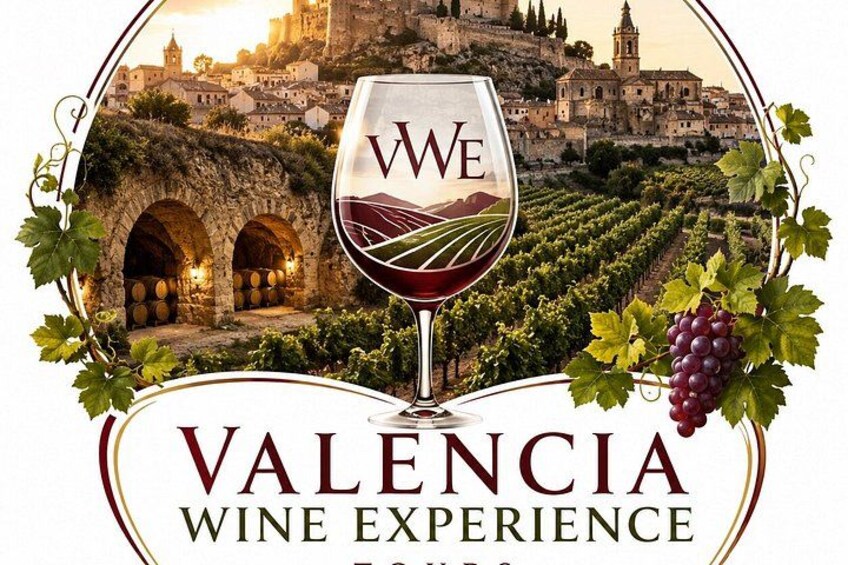 A wine glass with a vineyard and historic buildings in the background. 3
