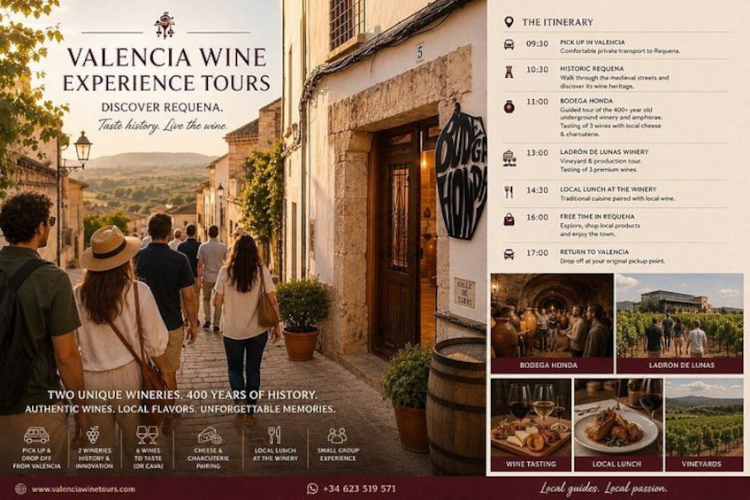 A wine tour itinerary in Valencia, including visits to Bodega Honda and Ladron de Luna Winery. 1