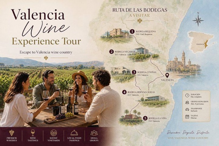 A wine experience tour in Valencia, Spain, with a map highlighting five bodegas. 5