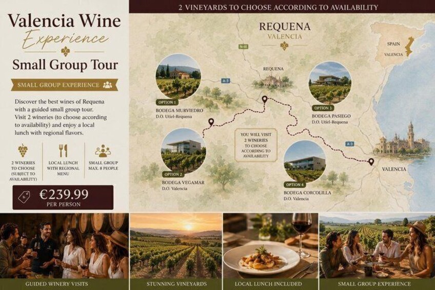 A travel itinerary for a Valencia Wine Experience in Requena, including visits to 2 vineyards and a local lunch. 4
