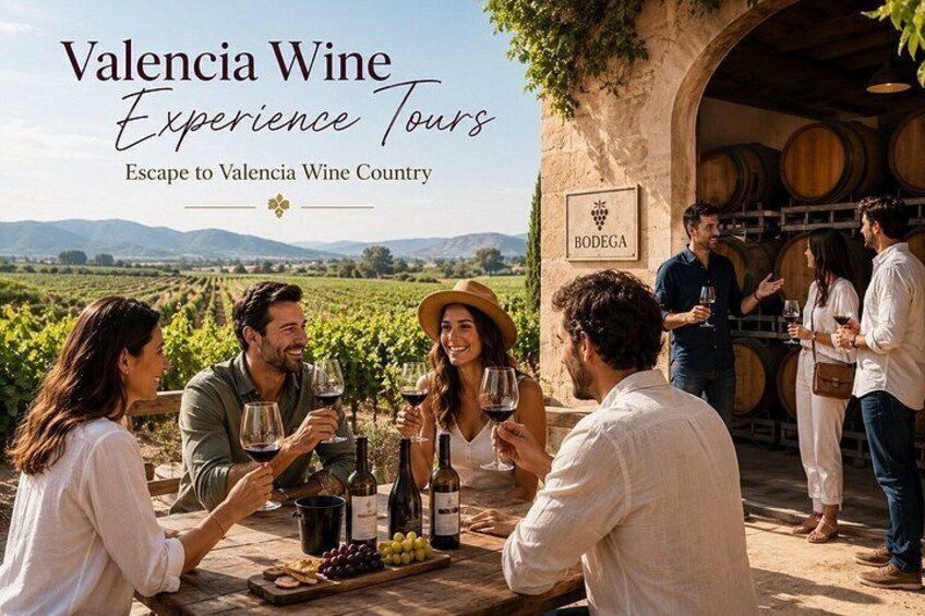 A group of people enjoying wine tasting in a vineyard with a Bodega sign in the background. 2