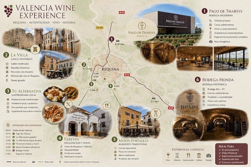 A travel map of Valencia wine experience with locations like Pago de Tharsys, La Villa Casco Histórico, Tu Alternativa, Ferevin, Meson Fortalezaza, and Bodega Honda. 4
