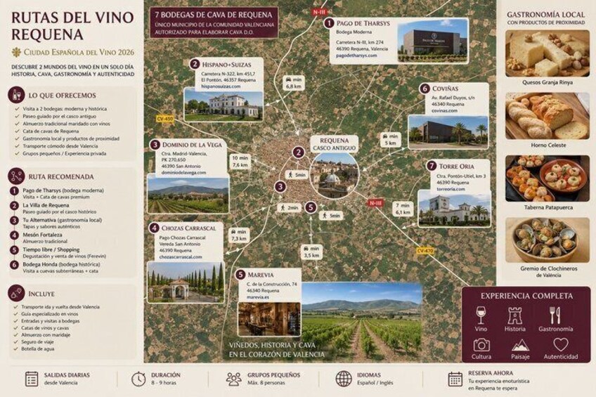 A map of Vino de Requena wine routes with recommended stops and local gastronomy. 3