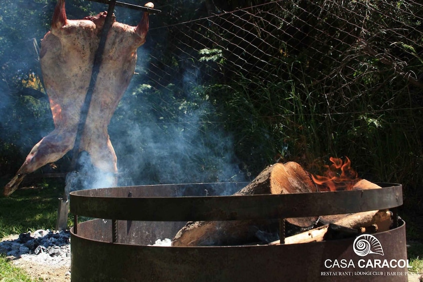 A large open grill with a whole pig roasting above it, surrounded by greenery. 3