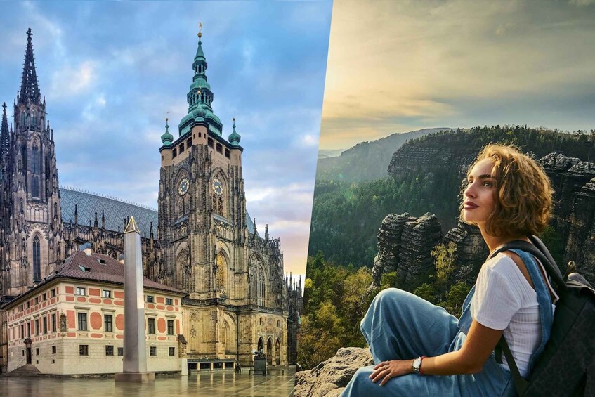 A historic cathedral with a tall spire and a modern glass structure in the background. 1
