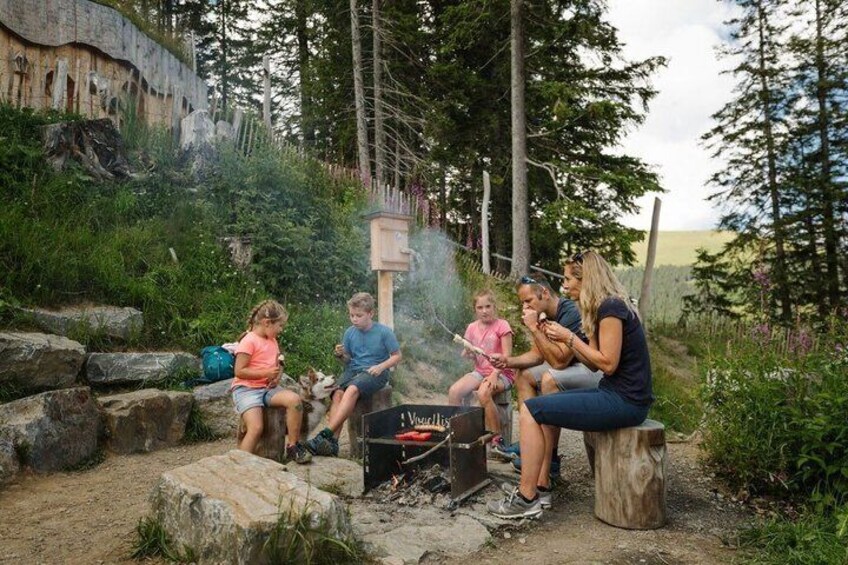 A group of people sitting around a campfire in a forested area with a rustic stone structure in the background. 3