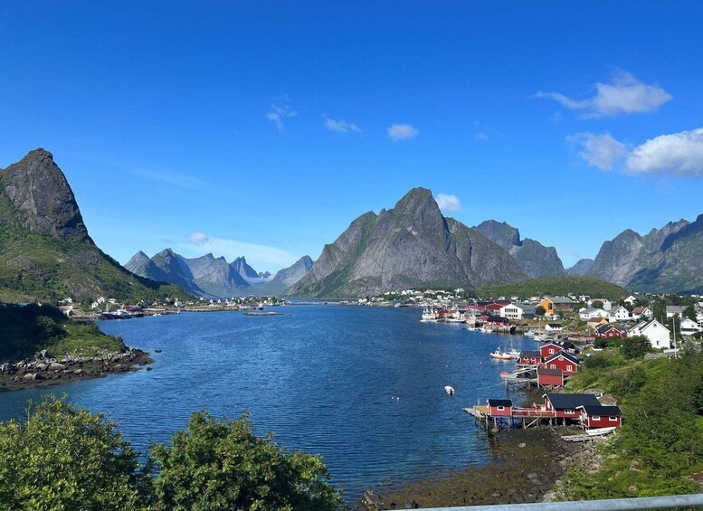 A fjord with a small village and red houses by the water. 5