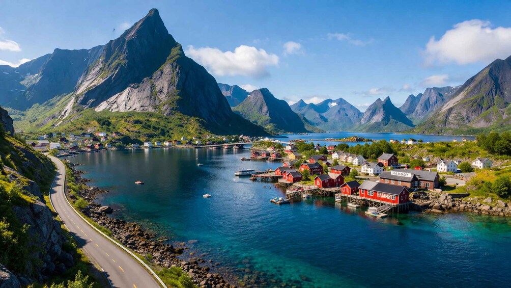 A coastal village with red houses, a fjord, and mountains. 1