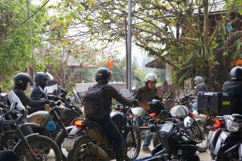 A group of motorcyclists on a street lined with trees and parked motorcycles. 4