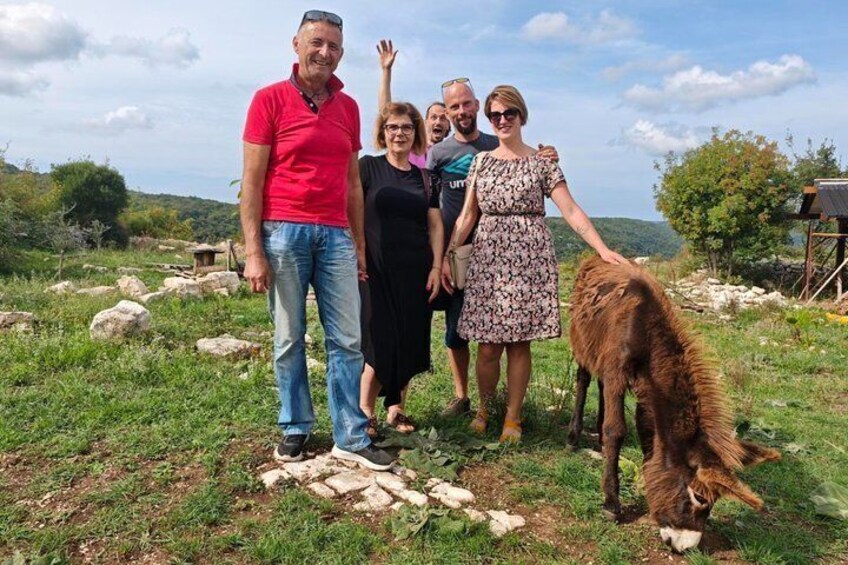 A group of people standing on a grassy field with a horse grazing nearby. 2