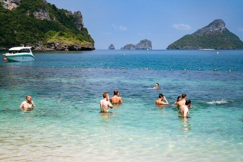 A group of people swimming in clear turquoise waters with boats and rocky islands in the background. 5