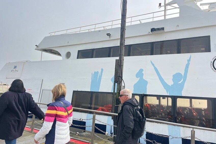 Un barco blanco grande con siluetas azules de personas y una persona alzando los brazos. 5