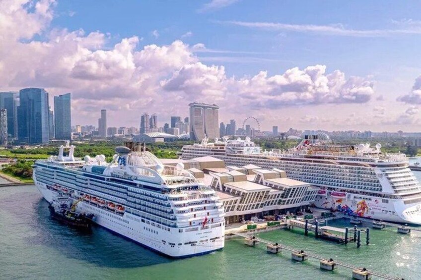 A large cruise ship docked at a port with a city skyline in the background. 1