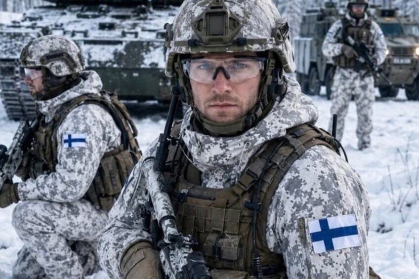 Soldiers in camouflage uniforms with a flag, standing in a snowy environment with military vehicles in the background. 1