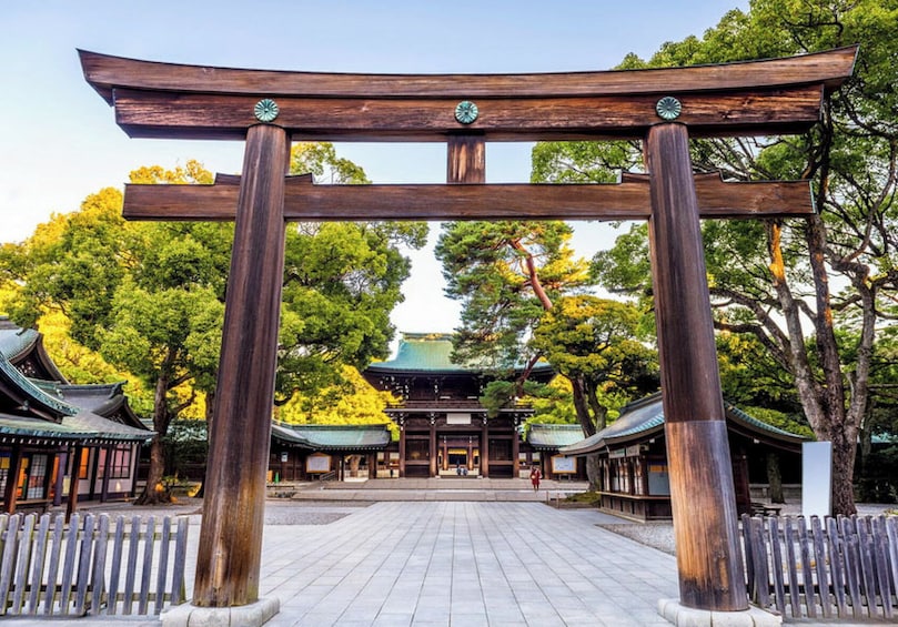 Perinteinen japanilainen torii-portti, jonka taustalla näkyy pagodi. 3