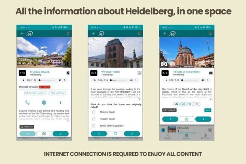 Three smartphone screens with travel information about Heidelberg, including landmarks like Charles Square, Witches Tower, and the Church of the Holy Spirit. 2