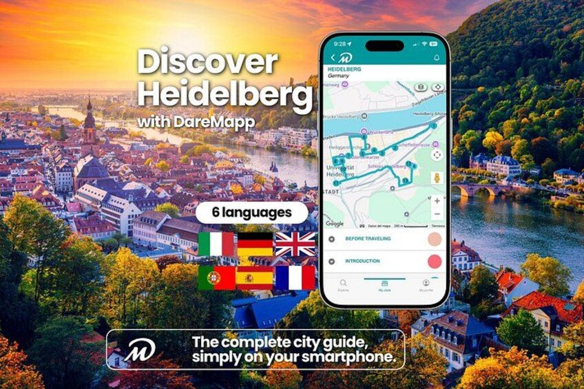 A smartphone displaying a map of Heidelberg, Germany, with a scenic view of the city and a river in the background. 1