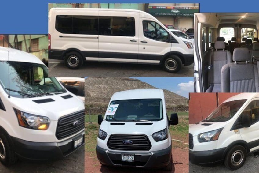 A white van with a visible license plate, a side view of the vehicle, and the interior seating arrangement. 4