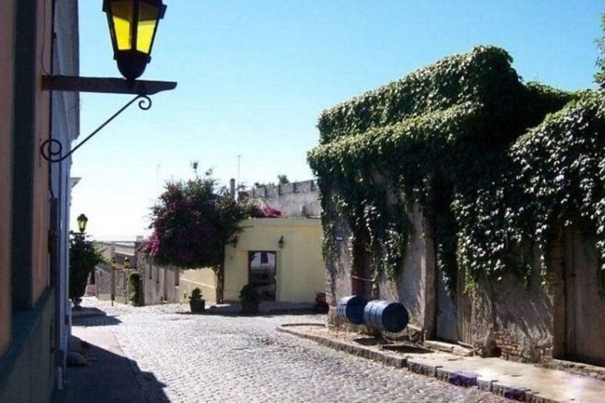 A cobblestone street with a yellow building, a lamp post, and ivy-covered walls. 2