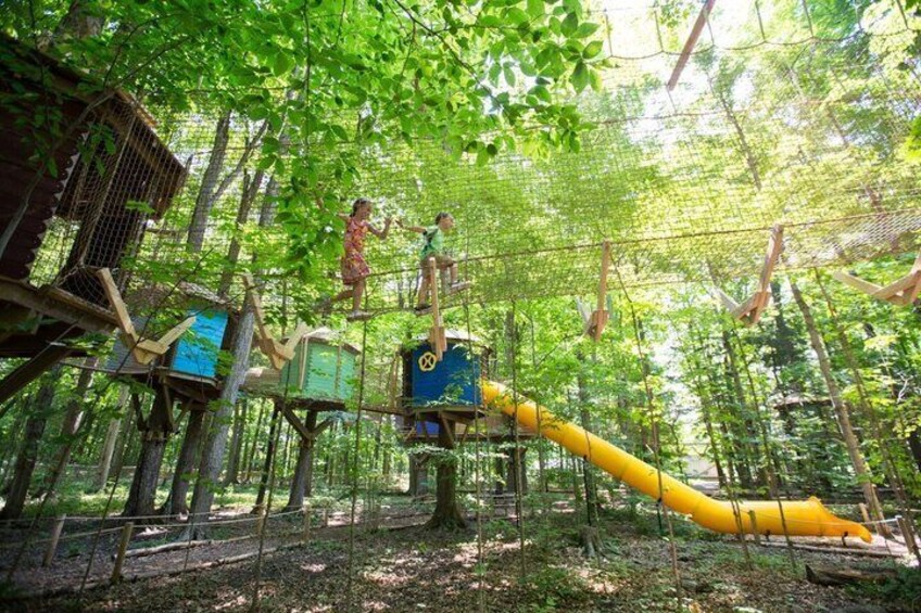 A forested playground with rope bridges, a yellow slide, and treehouses. 3